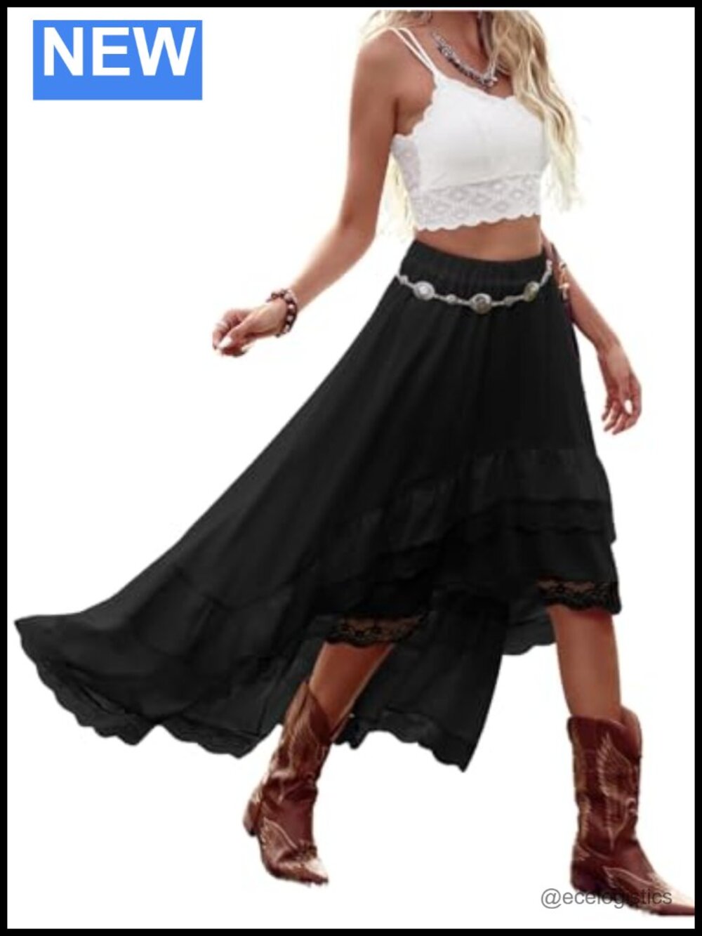 Boho High Low Ruffle Lace Women's Asymmetrical Cowgirl Long Skirt